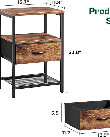 Nightstand Set of 2, Night Stand with Fabric Drawer, Mesh Shelf, Side Table with Storage, Fabric Drawer Dresser, Open Shelf, Metal Frame, Bedroom, Rustic Brown - LeafyLoom