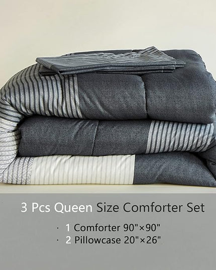 WONGS BEDDING Dark Grey Comforter Set Queen, Reversibl Grey Stripe Down Alternative Comforter for All Season,3 Pieces(1 Patchwork Comforter+2 Pillowcases), Soft Microfiber Bedding Set 90”×90” - LeafyLoom