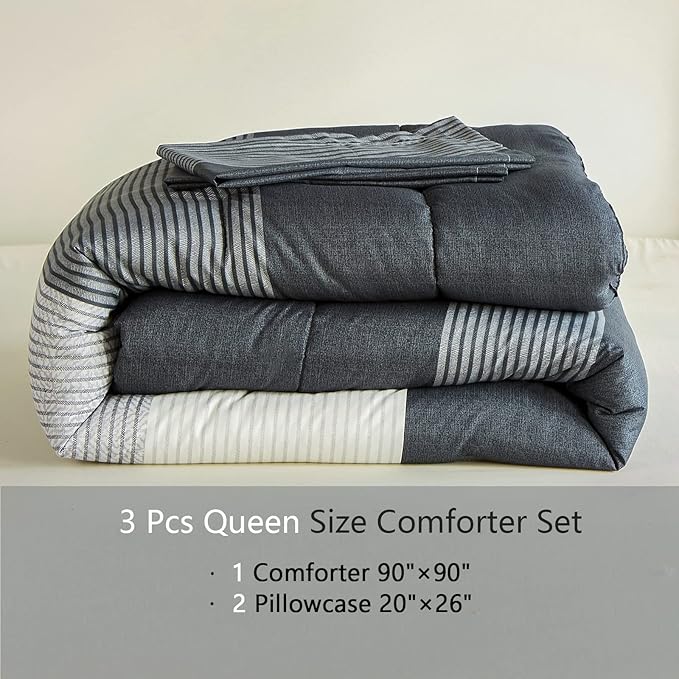 WONGS BEDDING Dark Grey Comforter Set Queen, Reversibl Grey Stripe Down Alternative Comforter for All Season,3 Pieces(1 Patchwork Comforter+2 Pillowcases), Soft Microfiber Bedding Set 90”×90” - LeafyLoom