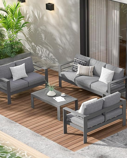 Wisteria Lane Aluminum Outdoor Patio Furniture Set, Modern Patio Conversation Sets, Outdoor Sectional Metal Sofa with 5 Inch Cushion and Coffee Table for Balcony, Garden, Dark Grey - LeafyLoom