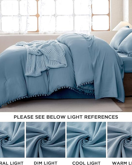 Litanika Queen Size Comforter Set Grey Blue,3 Pieces Grey Blue Boho Pom Pom Lightweight Bed Comforter, All Season Soft Solid Color Bedding Comforter Sets (1 Comforter 90x90 Inch, 2 Pillowcases) - LeafyLoom