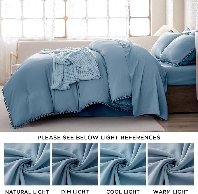 Litanika Queen Size Comforter Set Grey Blue,3 Pieces Grey Blue Boho Pom Pom Lightweight Bed Comforter, All Season Soft Solid Color Bedding Comforter Sets (1 Comforter 90x90 Inch, 2 Pillowcases) - LeafyLoom