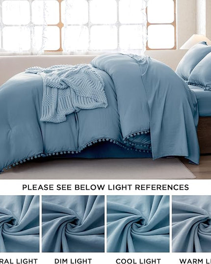 Litanika Comforter Full Size Set Grey Blue,3 Pieces Grey Blue Boho Pom Pom Lightweight Bed Comforter Full,All Season Soft Solid Color Bedding Comforter Sets (1 Comforter 79x90 Inch, 2 Pillowcases) - LeafyLoom