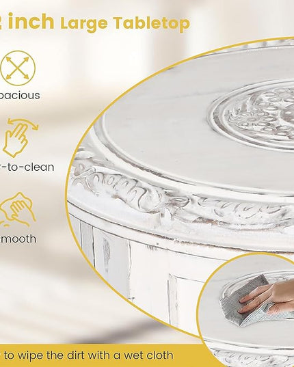 Altar Table,Round Side Table,Small Table, Round End Table,Side Table, Side Tables Living Room,End Table,Carved Side Table,Wood Accent Table,Carved Wood Table 12" Round Top x 12" High White Antique - LeafyLoom