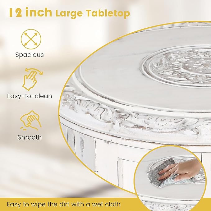 Altar Table,Round Side Table,Small Table, Round End Table,Side Table, Side Tables Living Room,End Table,Carved Side Table,Wood Accent Table,Carved Wood Table 12" Round Top x 12" High White Antique - LeafyLoom