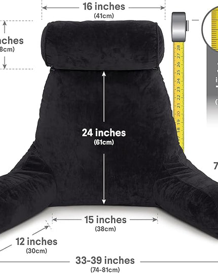 Husband Pillow XXL Black Backrest with Arms - Adult Reading Pillow with Shredded Memory Foam, Ultra-Comfy Removable Microplush Cover & Detachable Neck Roll - Unmatched Support Bed Rest Sit Up Pillow - LeafyLoom