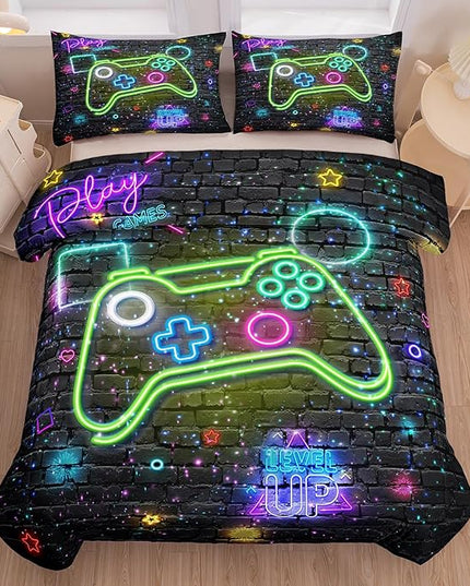 Boys Queen Size Bedding Set, Kids Bedding Sets for Boys, Gaming Comforter Sets for Boys, Teen Boys Gaming Bedding Sets, Gamer Room Decor for Boys Teens Girls (1 Comforter +2 Pillowcases) - LeafyLoom