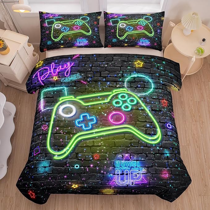 Gamer Comforter Sets for Boys, Twin Boys Bedding Set, 5 Piece Bed in a Bag Twin Boys, Teen Boy Comforter Set, Gamer Bedding Set with Flat Sheet, Fitted Sheet - LeafyLoom