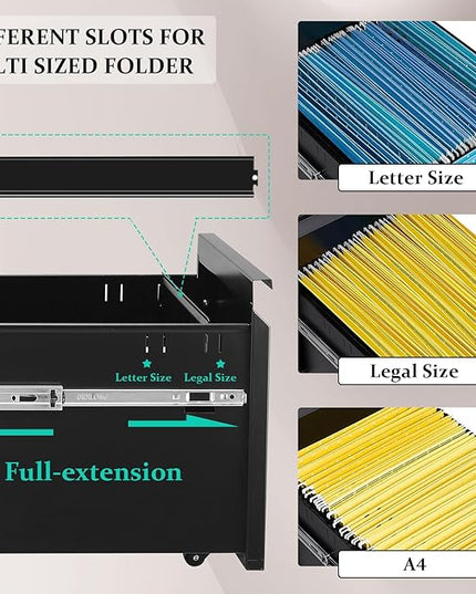2-Drawer Mobile File Cabinets Rolling Metal Filing Cabinet for Legal & Letter File Anti-tilt Design with Lock Under Desk Office Drawers Fully Assembled Except Casters Black - LeafyLoom