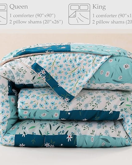 Whale Flotilla King Comforter Set, Soft Reversible Blue Bedding Comforter Set with Boho Pattern, 1 Micoriber Patchwork Comforter and 2 Pillow Shams, 3 Pieces - LeafyLoom