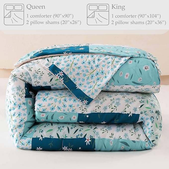 Whale Flotilla King Comforter Set, Soft Reversible Blue Bedding Comforter Set with Boho Pattern, 1 Micoriber Patchwork Comforter and 2 Pillow Shams, 3 Pieces - LeafyLoom