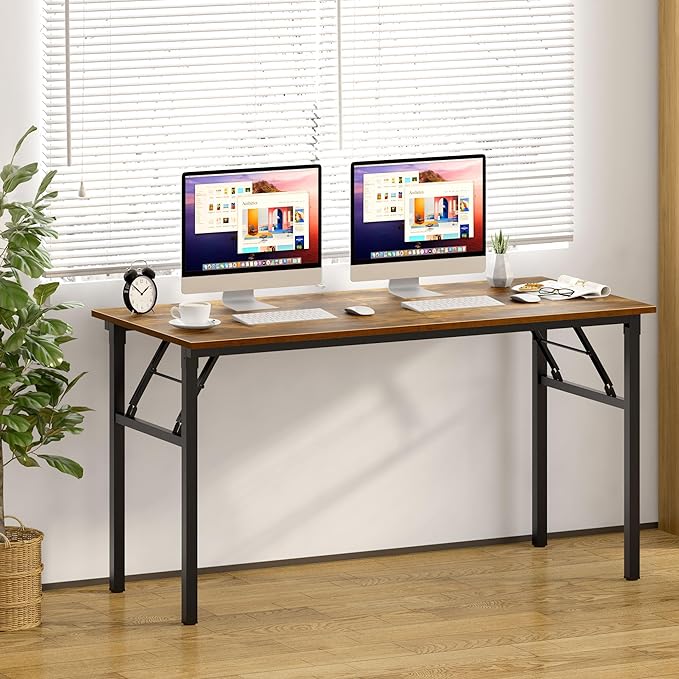 Need Home Office Desk Large Computer Desk 60 inch Sturdy Table Foldable Desk Gaming Computer Table No Assembly Required, Rustic Brown&Black Frame AC5FB(152.4 * 60) - LeafyLoom