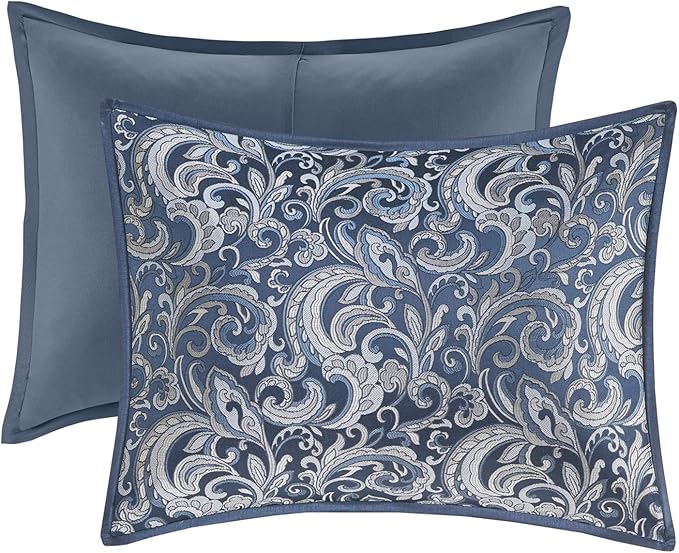 Madison Park Essentials Brystol 24 Piece Room in a Bag Faux Silk Comforter Jacquard Paisley Design Matching Curtains Down Alternative All Season Bedding-Set, King(104 in x 92 in), Navy 24 Piece - LeafyLoom