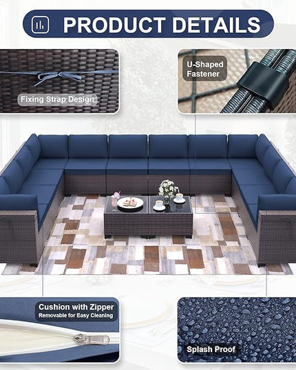 Patio Furniture Set 14-Piece Outdoor Furniture for Backyard Wicker Sectional Sofa Set, PE Rattan Patio Conversation Set 12 Seat with Thickened Cushions and Glass Coffee Tables, Navy Blue - LeafyLoom