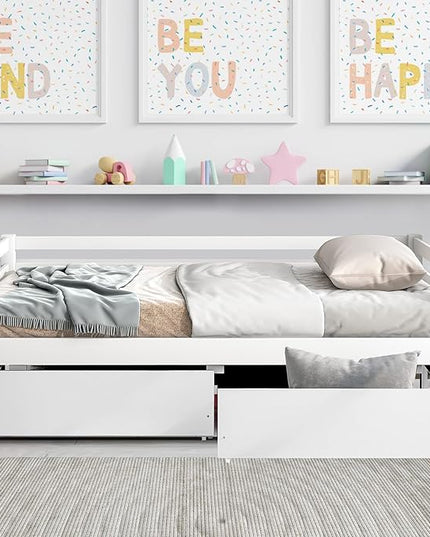 Twin Daybed with 2 Storage Drawers,Pinewood Twin Size Daybed Frame with Guardrail,for Boys/Girls/Teens Bedroom, Easy to Assemble, No Box Spring Needed,White - LeafyLoom