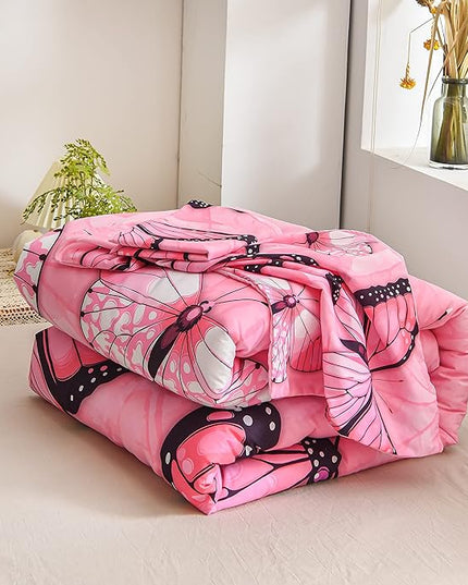 Btargot 3 Piece Pink Butterfly Girls Kids Adults Full Size Comforter Set, Lightweight Soft All Season Bedding Set with 2 Pillowcases - LeafyLoom