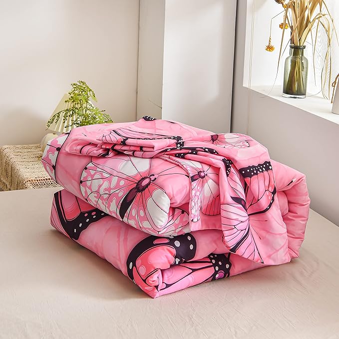 Btargot 3 Piece Pink Butterfly Girls Kids Adults Full Size Comforter Set, Lightweight Soft All Season Bedding Set with 2 Pillowcases - LeafyLoom