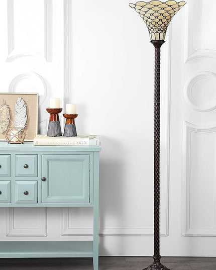 JONATHAN Y JYL8007A White Tiffany-Style 70" Torchiere LED Floor Lamp, Tiffany, Traditional, Art Nouveau Style, Office, Living Room, Family Room, Dining Room, Bedroom, Hallway, Foyer, Bronze - LeafyLoom