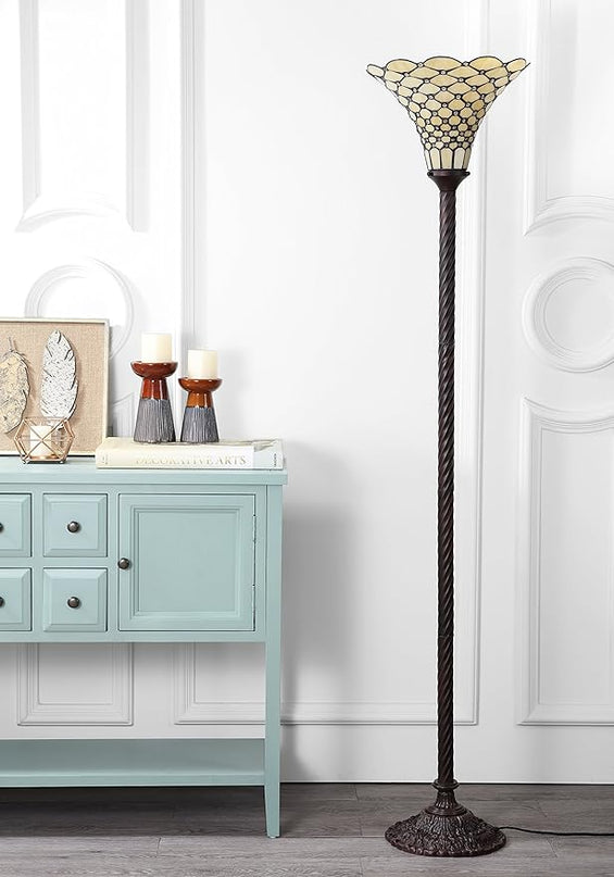 JONATHAN Y JYL8007A White Tiffany-Style 70" Torchiere LED Floor Lamp, Tiffany, Traditional, Art Nouveau Style, Office, Living Room, Family Room, Dining Room, Bedroom, Hallway, Foyer, Bronze - LeafyLoom