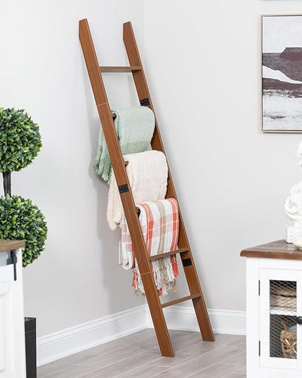 Blanket Ladder for Living Room and Bedroom, 6-Tier Wall Leaning Laminate Snag Free Construction (Brown) Rustic Decorative Farmhouse Blanket Storage, Quilt Rack, Ladder Shelf, Easy Assembly - LeafyLoom