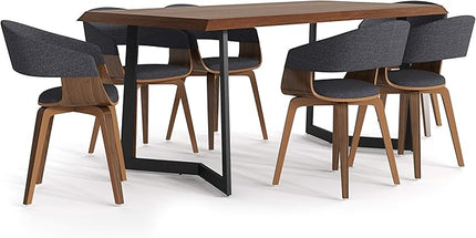 SIMPLIHOME Lowell SOLID WOOD 7 Pc Dining Set with 6 Upholstered Bentwood Dining Chairs in Natural and Charcoal Grey Linen Look Fabric and 72 inch Wide Table, for the Dining Room, Modern Industrial - LeafyLoom