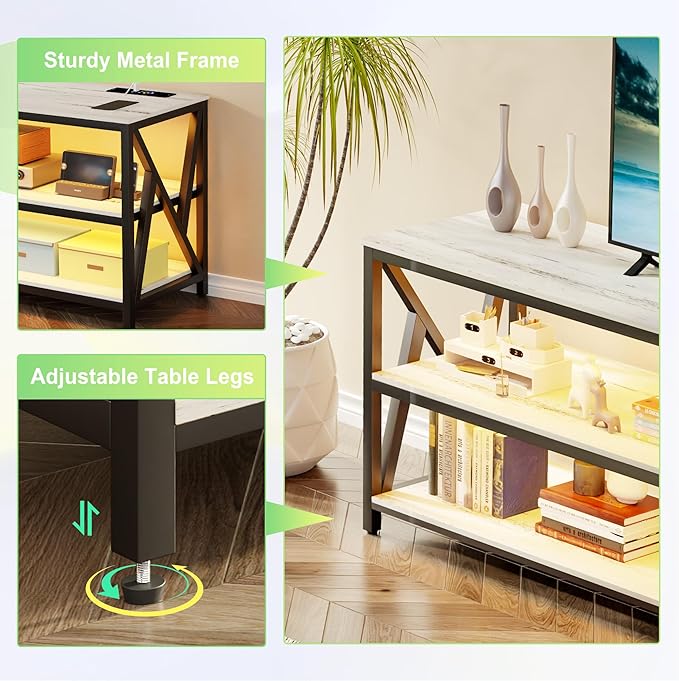 Lvifur LED TV Stand for 65 70 75 inch TV, Auto Sensor Entertainment Center with RGB Dimmable Lights, TV Console Table with Open Storage Shelves and Metal Frame (White) - LeafyLoom