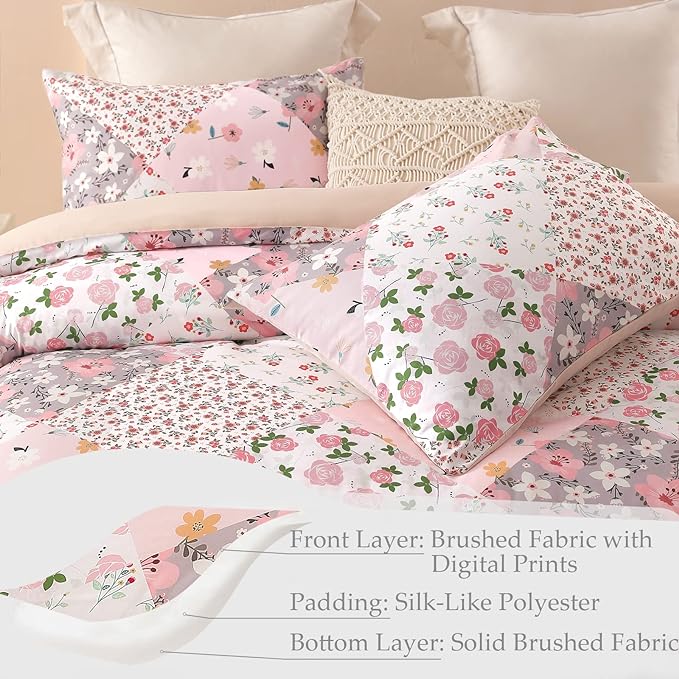 Whale Flotilla King Comforter Set, Soft Reversible Pink Bedding Comforter Set with Boho Pattern, 1 Micoriber Patchwork Comforter and 2 Pillow Shams, 3 Pieces - LeafyLoom