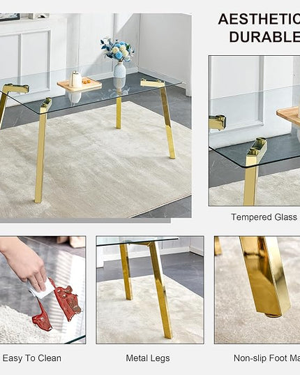 NicBex Modern Minimalist Style Rectangular Glass Dining Table with Tempered Glass Tabletop and Golden Metal Legs Suitable for Kitchen, Dining Room and Living Room, Golden - LeafyLoom