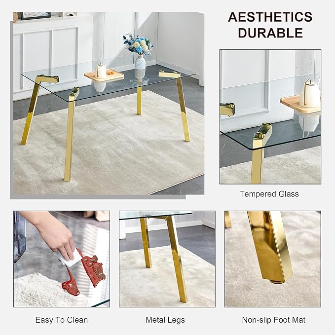 NicBex Modern Minimalist Style Rectangular Glass Dining Table with Tempered Glass Tabletop and Golden Metal Legs Suitable for Kitchen, Dining Room and Living Room, Golden - LeafyLoom