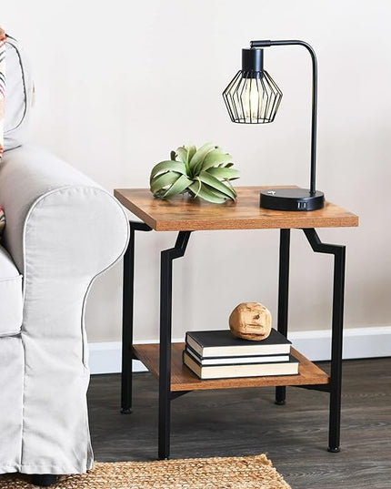 Household Essentials Crown Square Side End Table with Storage Shelf Rustic Hickory Wood Grain and Black Metal - LeafyLoom