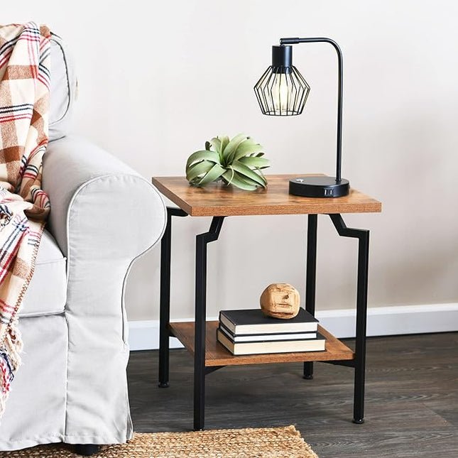 Household Essentials Crown Square Side End Table with Storage Shelf Rustic Hickory Wood Grain and Black Metal - LeafyLoom