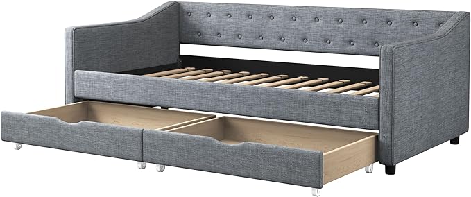 Twin Size Upholstered Daybed with Button Tufted Back and Waved Shape Arms,Elegant Wood Storage Sofa Bed w/Two Drawers,Slat Support,for Apartment,Bedroom,Light Grey - LeafyLoom