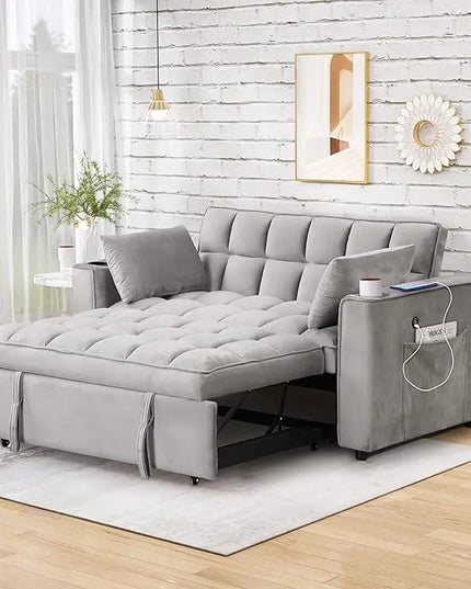 Multi-Functional Futon Loveseat Pull Out Couch , Velvet Upholstered Convertible Sleeper Sofa Bed with Cupholders and USB Ports , 2 Seater Love Seat Lounge Chaise w/ Adjustable Backrest RV Furniture - LeafyLoom