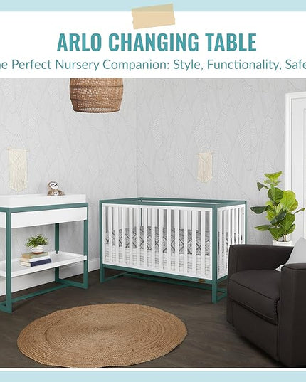 Arlo Changing Table in Jungle Green, Made of Solid New Zealand Pinewood, Non-Toxic Finish, Comes with Water Resistant Mattress Pad & Safety Strap - LeafyLoom