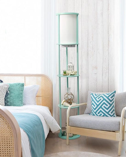 Simple Designs LF2010-AQU 62.5" Round Modern Shelf Etagere Organizer Storage Floor Lamp with 2 USB Charging Ports, 1 Charging Outlet and Linen Shade for Living Room Bedroom, Aqua, 11.5 x 11.5 x 62.5 - LeafyLoom
