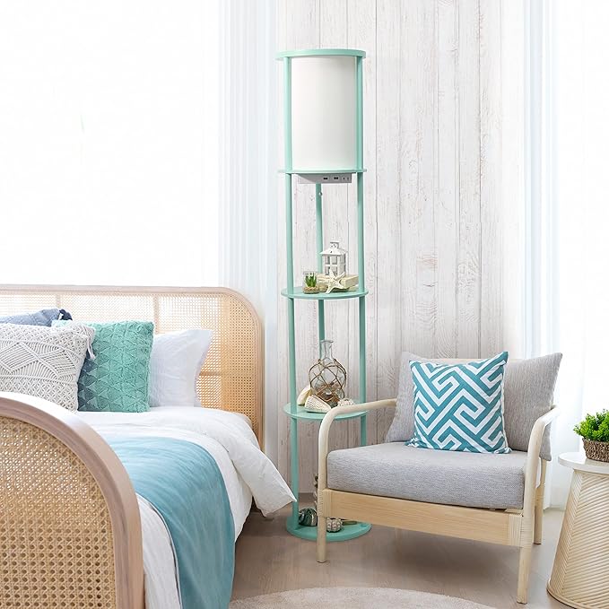 Simple Designs LF2010-AQU 62.5" Round Modern Shelf Etagere Organizer Storage Floor Lamp with 2 USB Charging Ports, 1 Charging Outlet and Linen Shade for Living Room Bedroom, Aqua, 11.5 x 11.5 x 62.5 - LeafyLoom