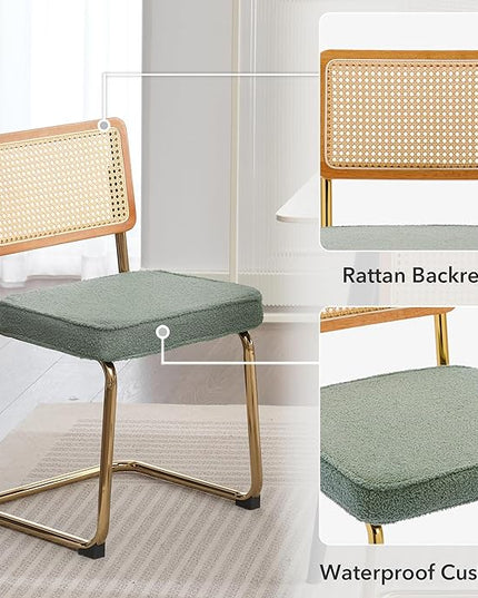 Rattan Dining Chairs Set of 2, Mid Century Modern Sherpa Dining Room Kitchen Chairs with Cane Back, Metal Chrome Legs, Upholstered Wicker Armless Accent Chairs, Green - LeafyLoom