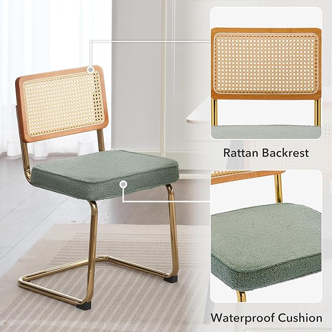 Rattan Dining Chairs Set of 2, Mid Century Modern Sherpa Dining Room Kitchen Chairs with Cane Back, Metal Chrome Legs, Upholstered Wicker Armless Accent Chairs, Green - LeafyLoom