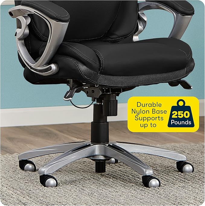 Serta Bryce Executive Office Chair, Ergonomic Computer DeskChair with Patented AIR Lumbar Technology, Comfortable Layered Body Pillows for Cushioning, SertaQuality Foam, Bonded Leather, Black - LeafyLoom