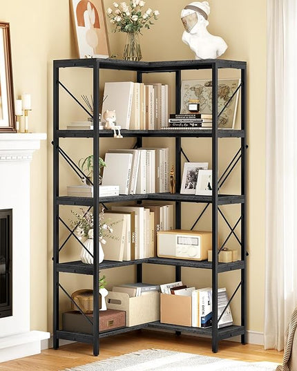 YITAHOME Corner Bookshelf, Industrial Corner Shelf 5 Tier Bookcase, Large Display Rack Storage for Bedroom, Living Room, Home Office,Charcoal Gray + Black - LeafyLoom