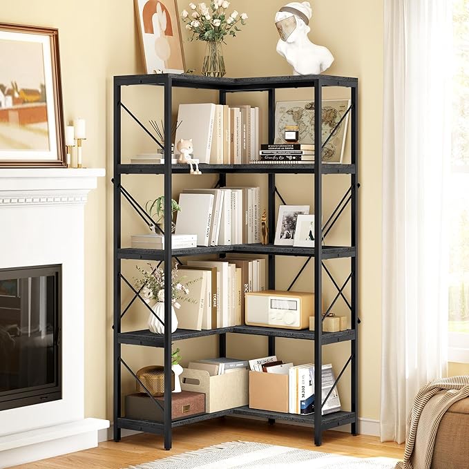 YITAHOME Corner Bookshelf, Industrial Corner Shelf 5 Tier Bookcase, Large Display Rack Storage for Bedroom, Living Room, Home Office,Charcoal Gray + Black - LeafyLoom