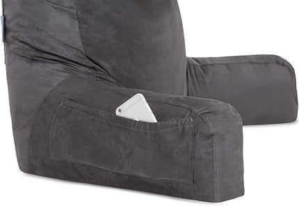 Husband Pillow XXL Aspen Edition, Adult Reading Sit Up Bed Rest Pillow for Bed with Arms & Neck Roll on Bungee Cord - Premium Memory Foam - Reversible 2 Sided Cover Micro Suede or Plush, Iron Grey - LeafyLoom