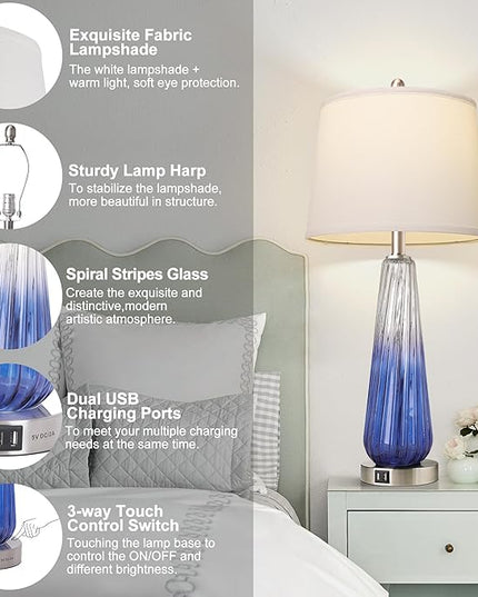 QiMH Table Lamps Set of 2 with Touch Control, 3-Way Dimmable Modern Glass Bedside Lamps with 2 USB Ports, Nightstand Lamp with White Fabric Shade, 27.5" Large Lamps for Living Room Bedrooms Decor - LeafyLoom