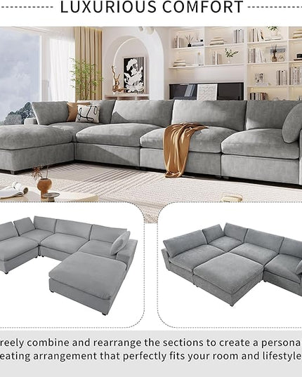 176.4 inch Oversized Sectional Sofa with Removable Ottoman, 5-Seater L Shaped Modular Corner Couch for Living Room, Office, Spacious Space, Grey - LeafyLoom