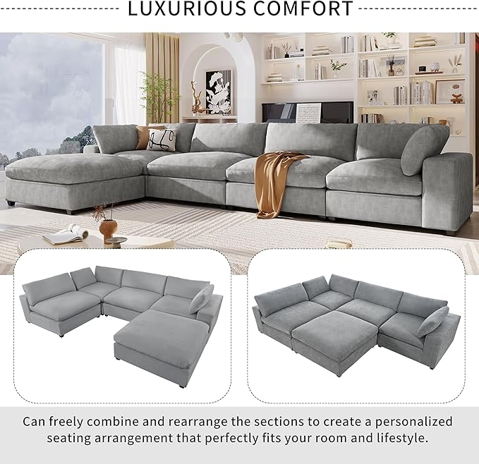 176.4 inch Oversized Sectional Sofa with Removable Ottoman, 5-Seater L Shaped Modular Corner Couch for Living Room, Office, Spacious Space, Grey - LeafyLoom
