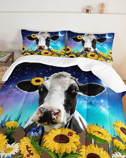 HOSIMA Cow Print Comforter Set with 2 Pillowcases,Farm Animal Theme Bedding Set Sunflower Full Size Comforter for Adults Teens Kids,Farm Starry Sky Toddler Comforter Floral Bedding Set. - LeafyLoom