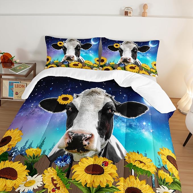 HOSIMA Cow Print Comforter Set with 2 Pillowcases,Farm Animal Theme Comforter Western Bedding Set Queen Size for Adults Teens Kids,Farm Starry Sky Toddler Comforter Sunflower Bedding Set. - LeafyLoom