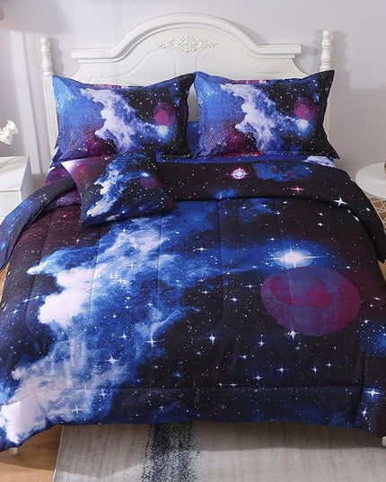 JQinHome Queen Galaxy Comforter Sets 6 Piece Bed in A Bag, Outer Space Themed Bedding for Children Boy Girl Teen Kids - (1 Comforter, 1 Flat Sheet, 1 Fitted Sheet, 2 Pillowshams, 1 Cushion Cover) - LeafyLoom