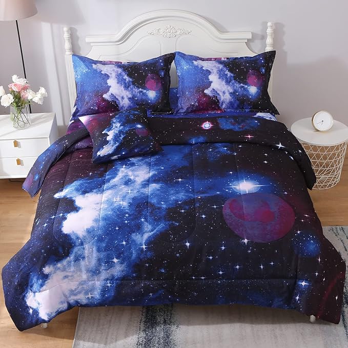 JQinHome Twin Galaxy Comforter Sets 6 Piece Bed in A Bag, Outer Space Themed Bedding for Children Boy Girl Teen Kids - (1 Comforter, 1 Flat Sheet, 1 Fitted Sheet, 2 Pillowshams, 1 Cushion Cover) - LeafyLoom