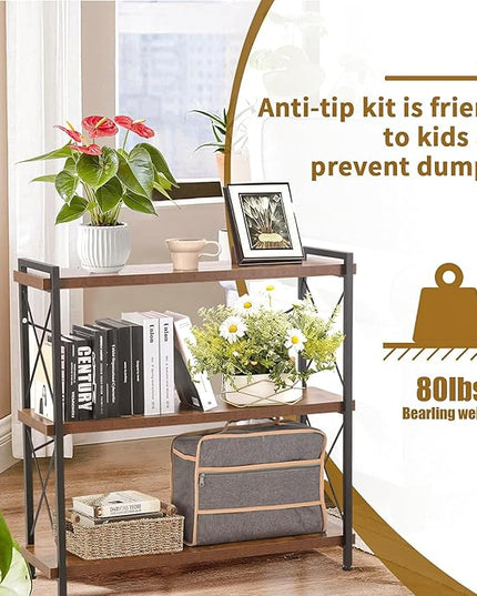 Industrial Bookshelf,Rustic Open Shelf Bookcase,3 Tier Book Shelf for Bedroom Office Living Room,Small Bookshelf for Small Spaces with Metal Frame - LeafyLoom